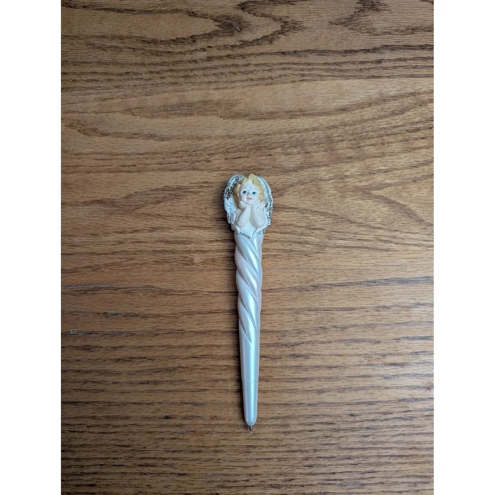 Vintage Style Cherub Angel Novelty Pen Pearlescent White Spiral Barrel Decor‎